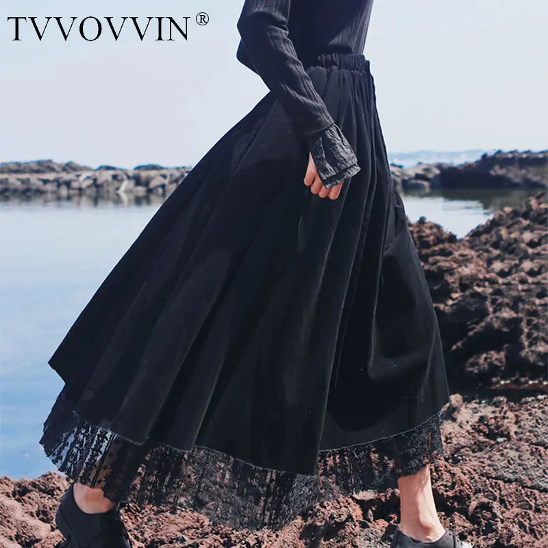 TVVOVVIN, винтажная черная юбка с высокой талией, Женская плиссированная кружевная Осенняя Лоскутная элегантная юбка богиня веер, миноритарная открытая юбка L498