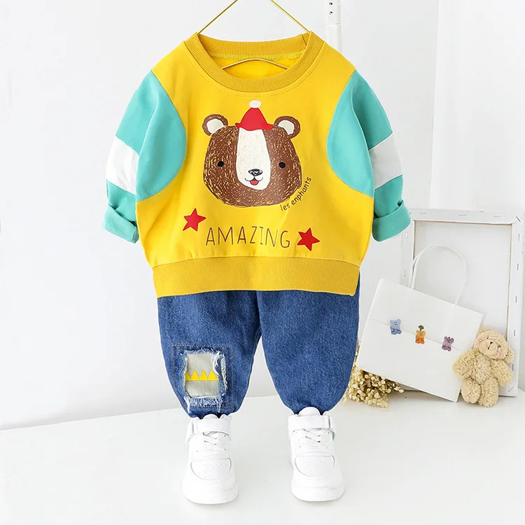Одежда для маленьких мальчиков хлопковый теплый повседневный спортивный костюм из двух предметов одежда для малышей с длинными рукавами и принтом медведя из мультфильма костюм для мальчиков