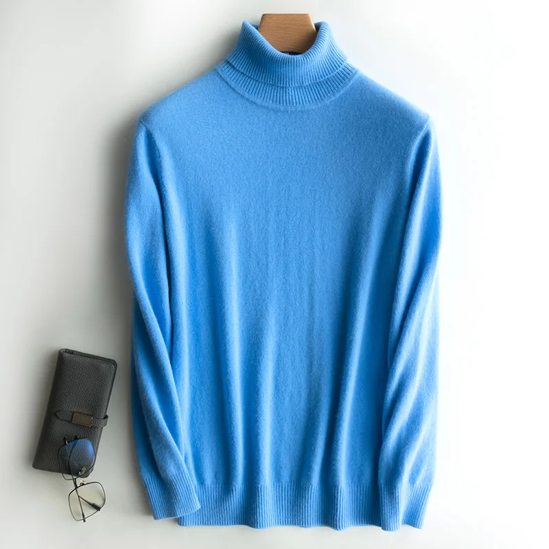 Повседневный мужской свитер с воротником под горло, кашемировые свитера и пуловеры, теплый джемпер на подкладке, мягкий осенне-зимний Топ с длинным рукавом - Цвет: Небесно-голубой