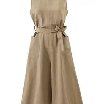 

Women's Casual Solid Color Sleeveless Rompers Wide Leg Pants Slim Fit Round Neck Jumpsuits With Waistband And Pockets