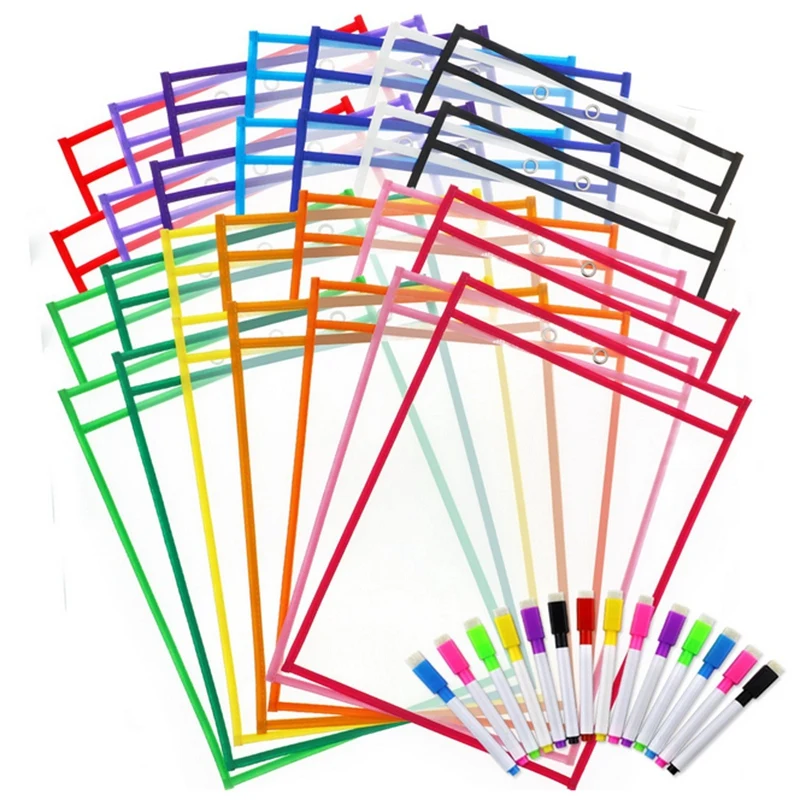 Reusable Dry Erase Pocket Sleeves with Marker Holder- Assorted Colors,Adult and Children. Use for School,Work,Teaching,Playing,D