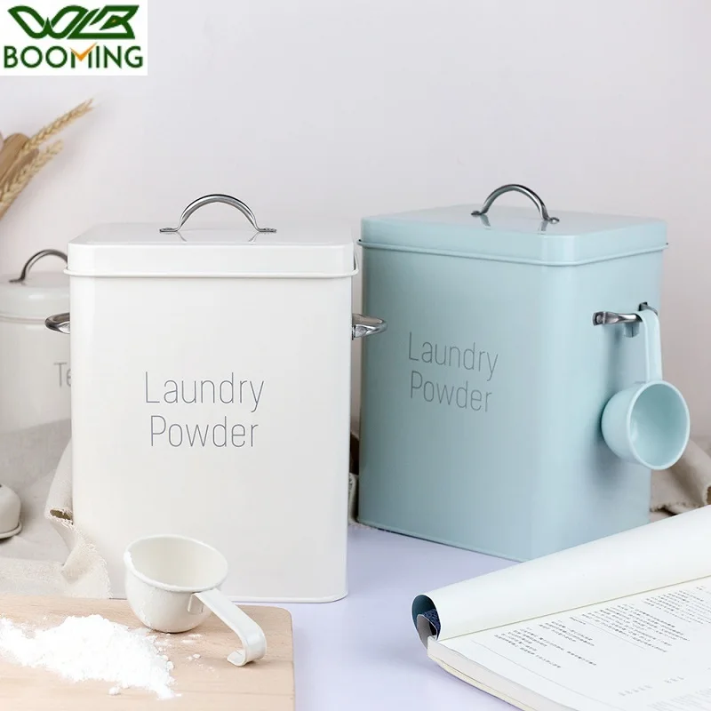 WBBOOMING barril de detergente en polvo para el hogar, caja de almacenamiento de grano pequeño, multifunción, cubierta de hierro, de viento nórdico, 3KG - 100 cosas bonitas para la casa