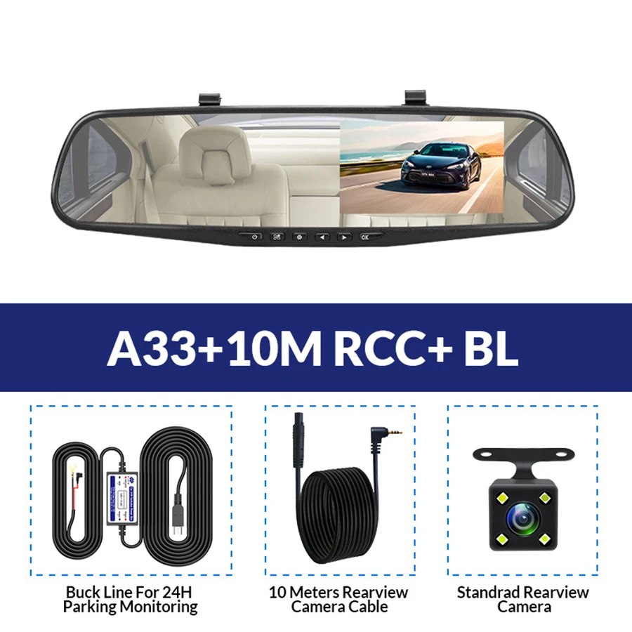 E-ACE Зеркало для автомобиля Dvr 1080P FHD видеорегистратор 4,3 дюймов зеркало заднего вида двойной объектив видео регистратор с камерой заднего вида Dvrs - Название цвета: A33-10M RCC-BL