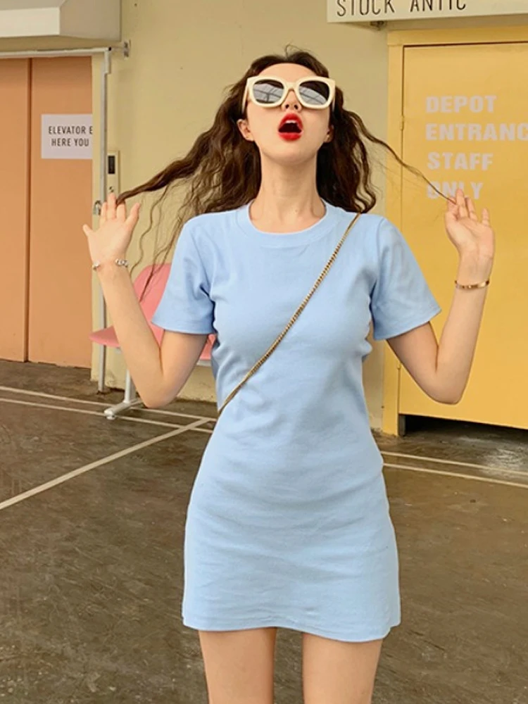 

2020 New Spring Summer Women short Sleeve ALine Dress Solid cute kawaii Ladies Evening Party Slim Vestidos