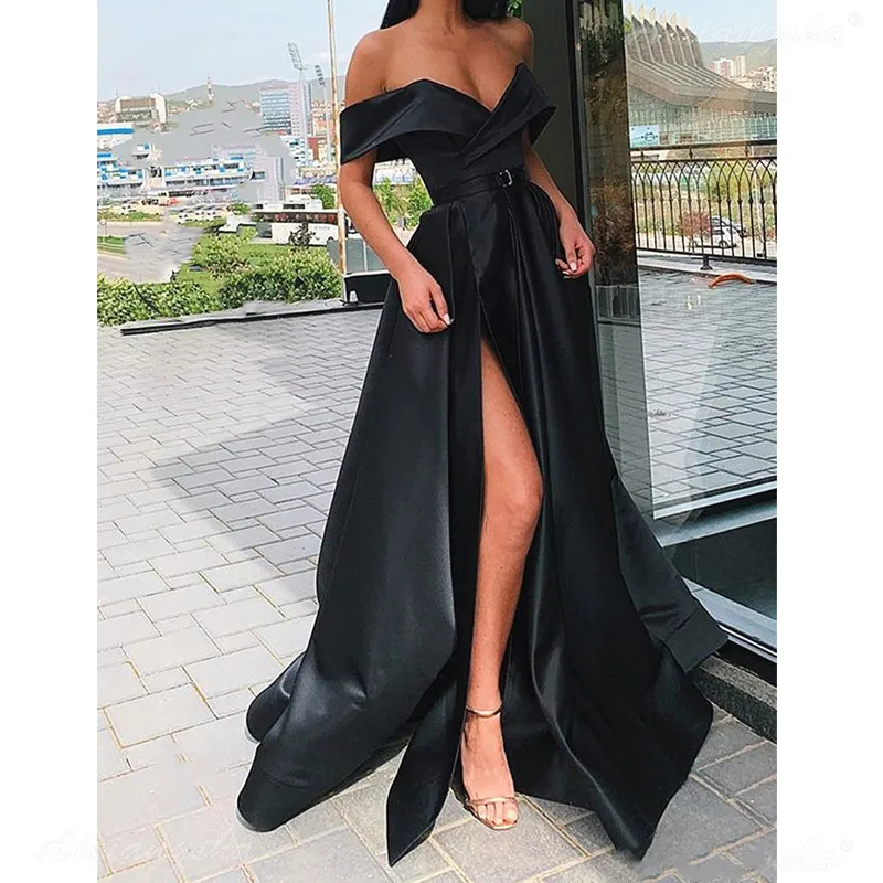 Черный Вечернее платье с открытыми плечами, атласное сексуальное платье для выпускного вечера, Бордовое платье с высоким разрезом для выпускного вечера es, длинное платье с карманами - Цвет: Черный