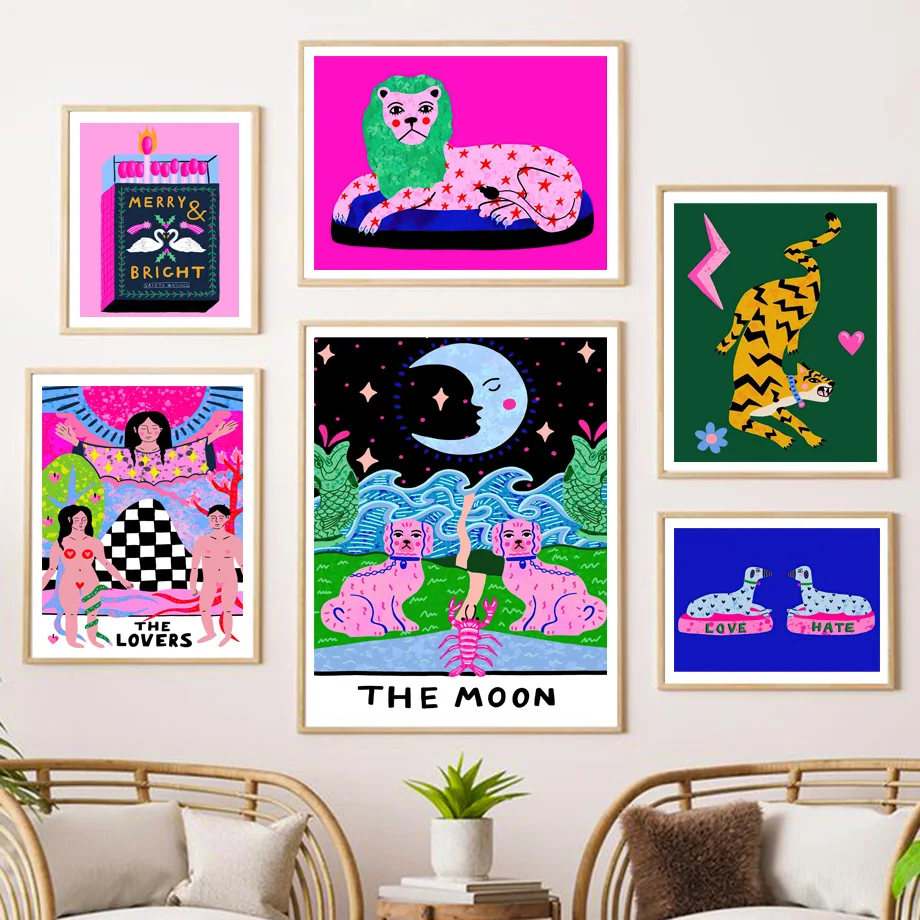 Leaping Тигр Звездный Лев Любовь ненавидеть собак любителей Таро настенная Картина