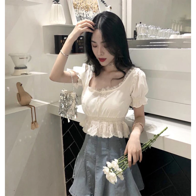 Модная блуза с рукавами, женская рубашка с круглым вырезом и оборками, вязанная рубашка в стиле пэчворк, винтажные повседневные топы, блузы XX016