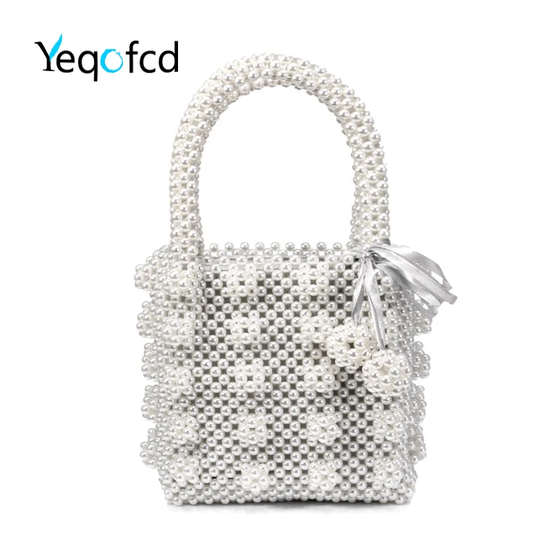 

Yeqofcd Hand Woven Pearl Bag Beaded Box Totes Women Party Vintage Acrylic Plastic Handbag 2019 Female Evening Bags Clutch