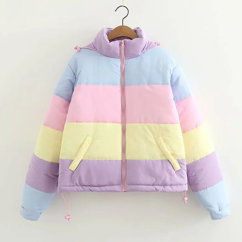 

AIRGRACIAS 2020 Winter Rainbow Macarons Contrast Jacket Loose and Thick Casual Youth Zipper Jacket Warm College Parka Female
