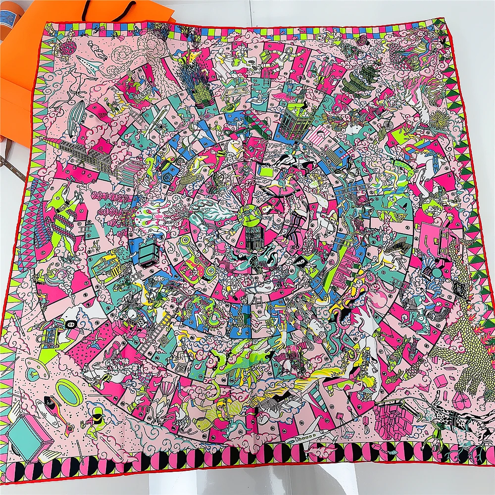 Manual Hand Rolled Twill Silk Scarf Women Hopi Print Square Scarves Wraps Echarpes Curled Foulards Femme Bandana Hijabs 90x90CM |