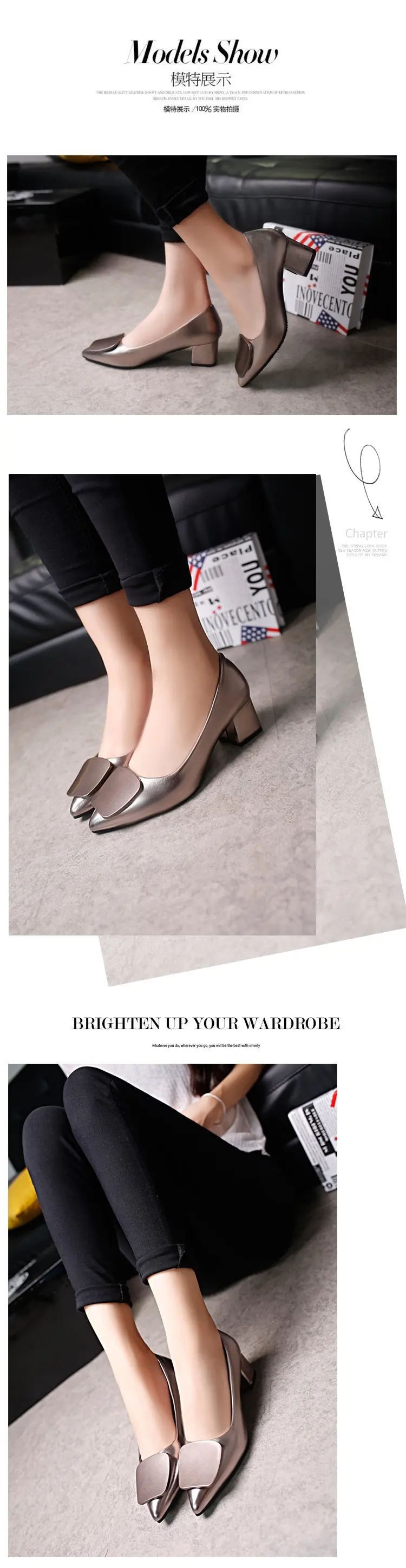 autumn new high heels women shose chunky heels pointed toe Square buckle large size womens shoes B94