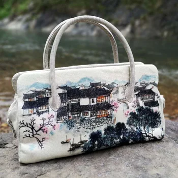 

Original women's small handbag exported to Japan's foreign trade canvas bag new printing lotus retro national style