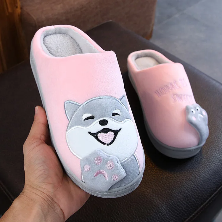 Cartoon Dog Women Winter Home Slippers Non-slip Soft Winter Warm House Slippers Indoor Bedroom Lovers Couples Floor Shoes