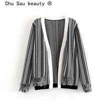 Chu Sau beauty осенне-зимний офисный женский шикарный черно-белый вязаный шерстяной свитер в стиле пэчворк Женский Повседневный Кардиган стрейч с кисточками