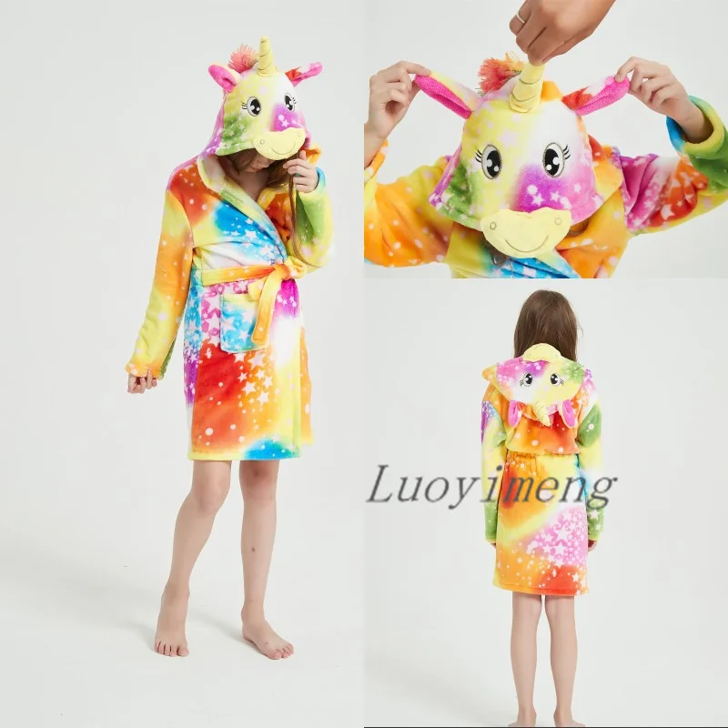 Kids Unicorn Hooded Bathrobe Children's Night Gown Bath Robe Kigurumi Animal Sleepwear For Girls Boys Clothes Towel Bath Robes