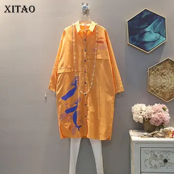 

XITAO Women Fashion Blouse New 2020 Spring Single Breast Full Sleeve Pocket Goddess Fan Print Pattern Loose Shirt DMY2687