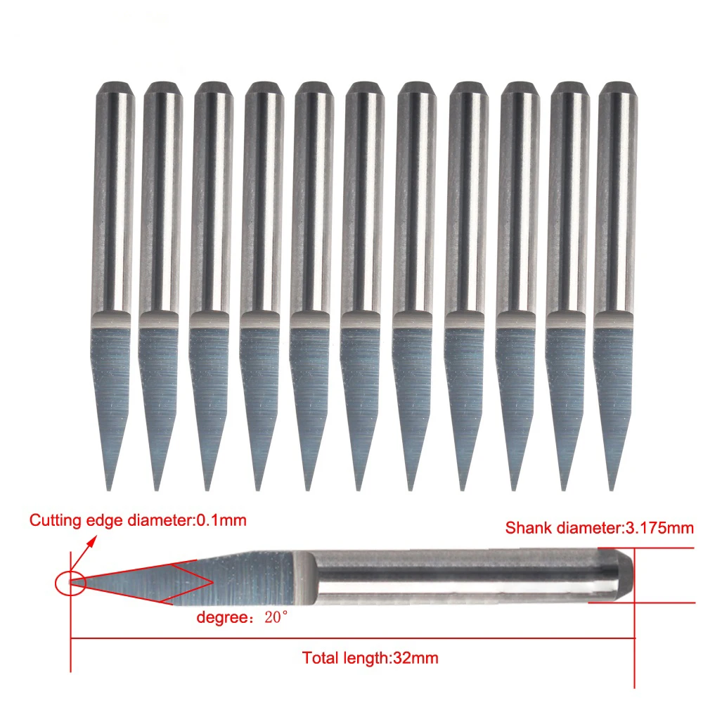 

10pcs CNC 3.175 tools Carbide PCB Engraving Bit Router Tool 20 Degree 0.1mm Tip Cutting Knife Carbide Carving Cutters CNC Router