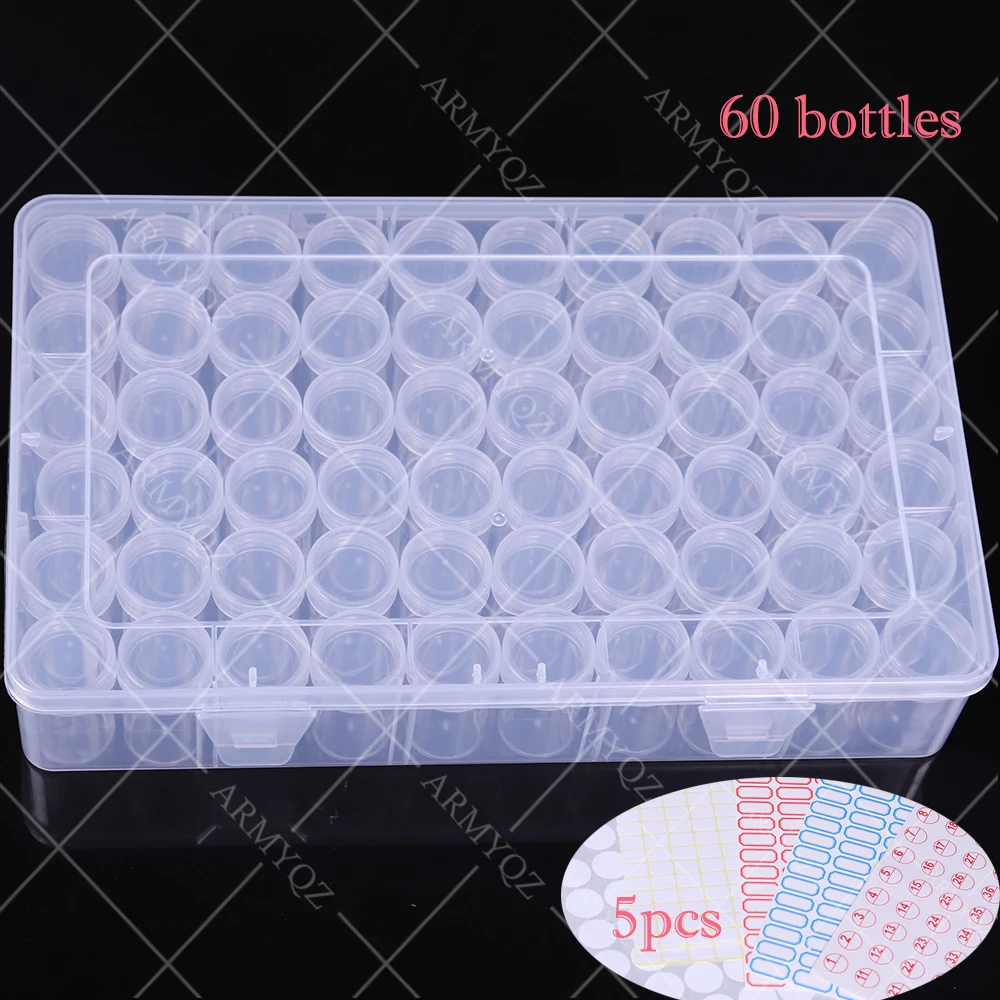 

60 Bottles Diamond Embroidery Box Diamond Painting Accessory tool Plastic Beads Storage Boxes Cross Stitch 5 sheets Label sticke