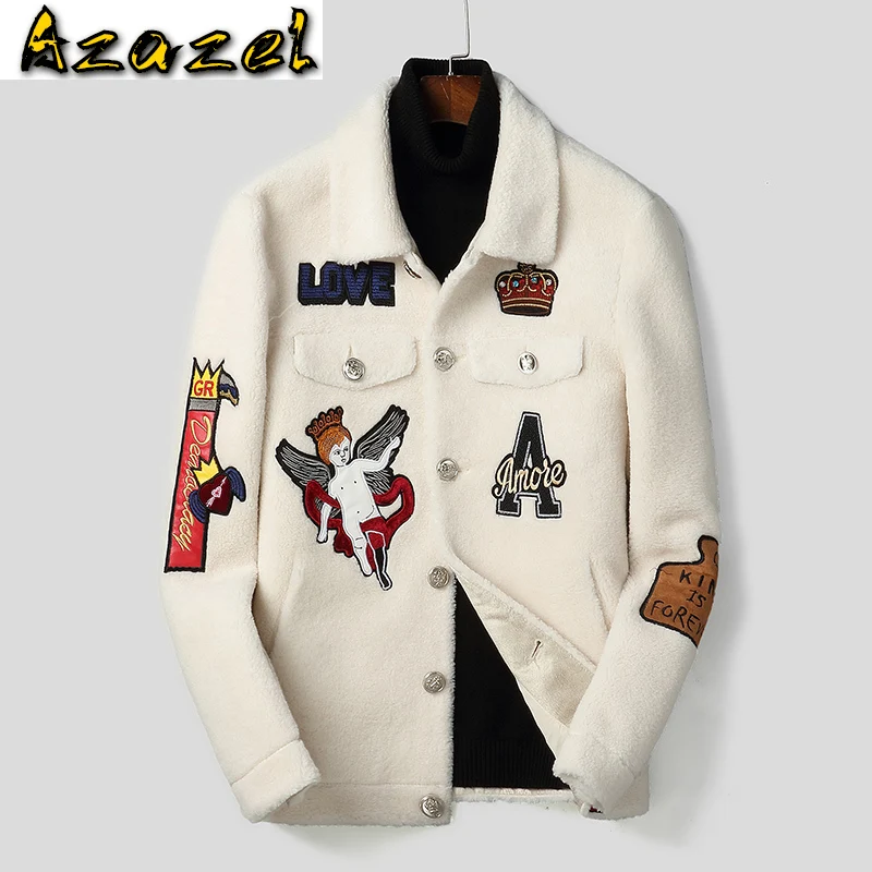 Куртка Azazel Мужская зимняя пальто из натуральной шерсти с принтом стрижка белой