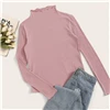 SHEIN, стоячий воротник, Однотонная футболка с отделкой салата, ребристая трикотажная футболка, женские футболки, осень, длинный рукав, элегантная Офисная Женская футболка