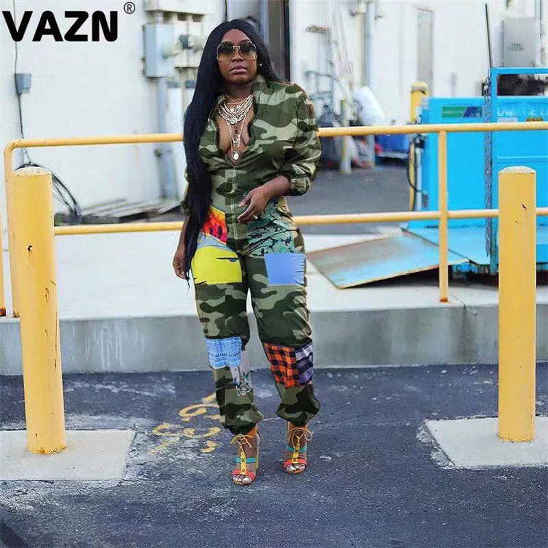 Camouflage VAZN, v-образный вырез, принт, яркие, новинка, хит, модные, уличные комбинезоны, повседневные, бодикон, сексуальные, длинные штаны, тонкий, длинный комбинезон - Цвет: Camouflage