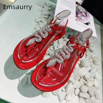 

Jeweled Crystal Snakelike Decor Sandals Women Ankle Strappy Genuine Leather Flat Beach Shoes Split Toe Summer Shoes Woman