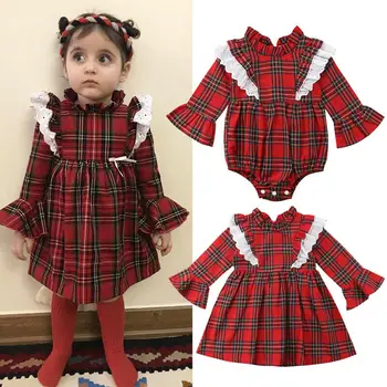 

Newborn Baby Girls Lace Checks Romper Party Princess Gown Dress Xmas Costume