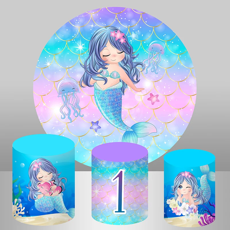 

Sensfun Circle Round Mermaid and Ocean Them Girl Birthday Background Backdrop Birthday Party Decoration Table Cylinder Cover