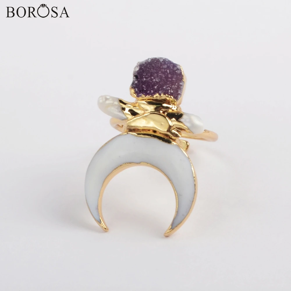 BOROSA 5 шт. новое Золотое покрытие Полумесяца Форма натуральный белый корпус& Природный кулон agates Druzy Регулируемые кольца ювелирные изделия для женщин G1861