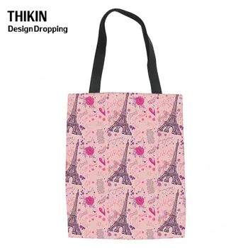 

THIKIN Shopping Bags Romantic Eiffel Tower Famous Building Print Women Travel Bag Reusable Handbags Foldable Girl Shoulder Pouch