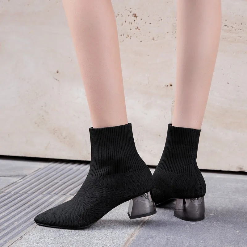 Г., женские ботинки необычный стиль, толстый высокий каблук, Осень-зима, женские короткие модные носки из эластичной лайкры женские Ботинки martin