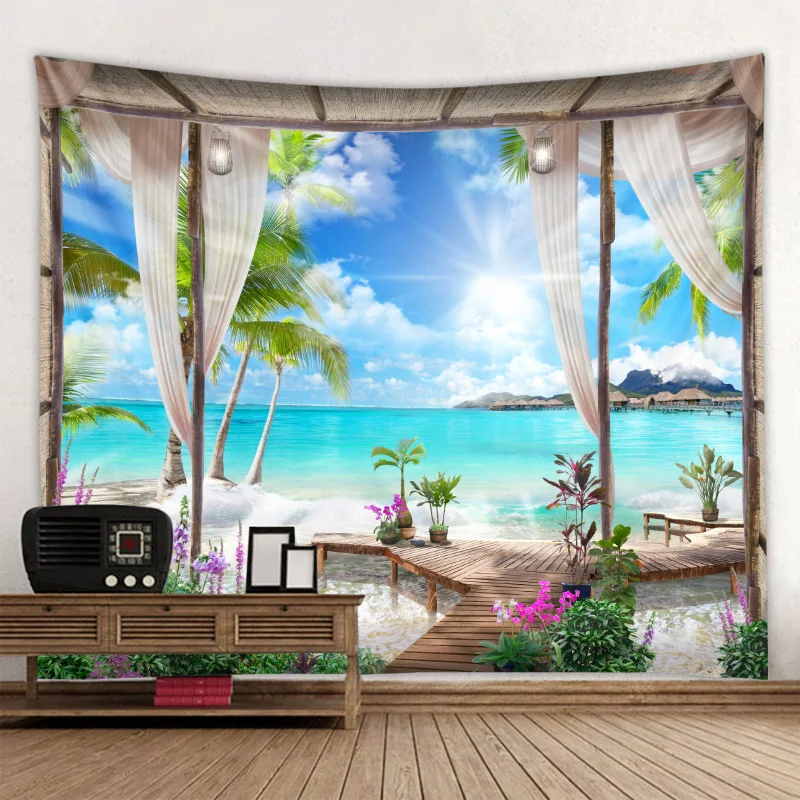 Lingxia-Beach beach landscape environmentally friendly printing tapestry is soft and easy to care for mural wall covering