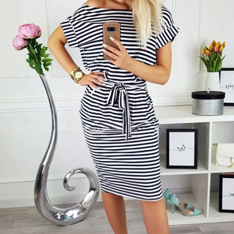 Womens Short Batwing Sleeve Bodycon Striped Dress Ladies Summer Evening Party Striped Dress Casual Sashes Cotton Dresses