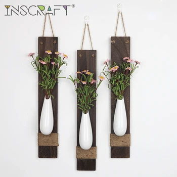 

Rustic Home Wall Hanging Flower Ceramic Vase with Wood Holder Farmhouse Artificial Plant Décor Vase