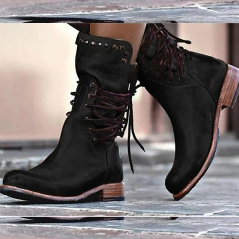 Haoshen/Обувь для девочек женские Винтажные ботинки с молнией сзади праздничные мотоциклетные ботинки до середины голени на шнуровке зимняя обувь Размер 10,5 - Цвет: Черный