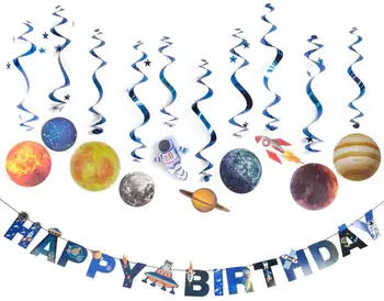 

11 Pieces Of Solar Energy System Pendant Cosmic Space Happy Birthday Banner Outer Space Rotating Hanging Party Supplies