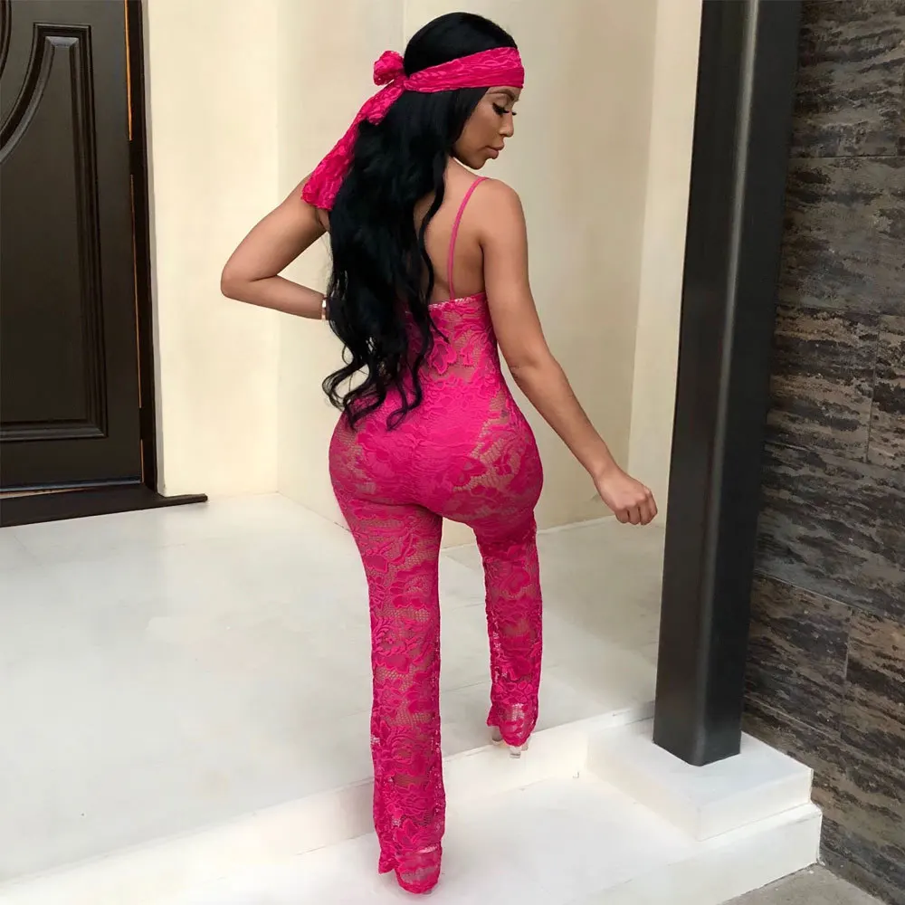 Women Camisole Jumpsuit, Lace Tulle Sexy Perspective Sleeveless Elegant Summer Clothing