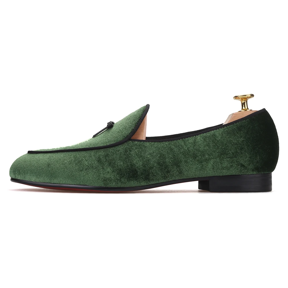 Piergitar/мужские бархатные туфли зеленого цвета с кожаным галстуком и красной подошвой ручной работы; мужские лоферы размера плюс; мужские туфли для курения