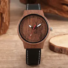 

Red-brown Wooden Watch Men Ladies Couple Walnut Quartz Watch Leather Elk Skull Head Carving Pattern Clock Gift for Men Women