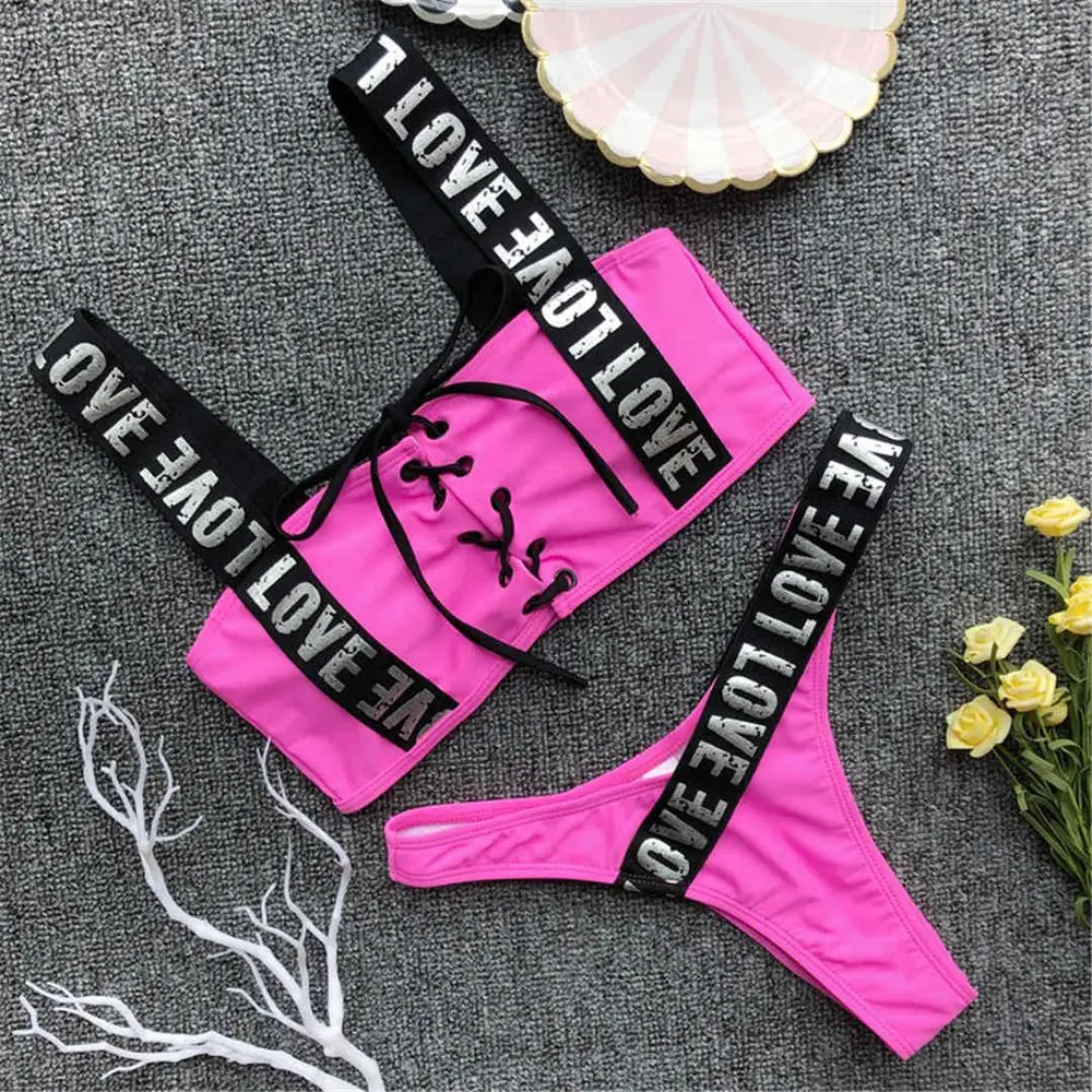

2019 Letter Printed Brazilian Bikini Women Bikini set Lace Up Bather Bathing Suit Swim Swimwear Female Swimsuit Two-pieces
