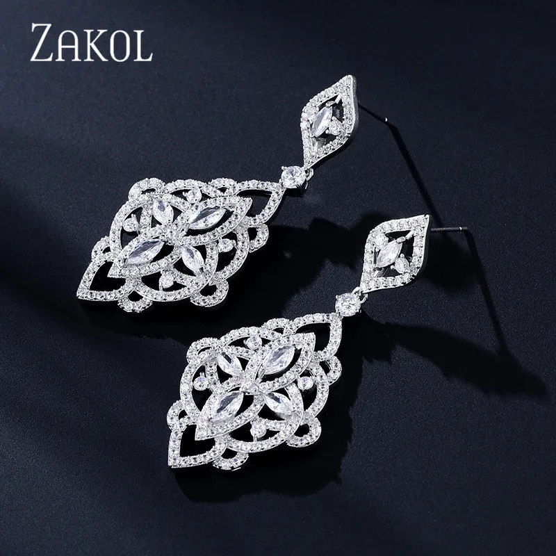 ZAKOL, винтажные, микро-инкрустированные, циркониевые, квадратные, полые, длинные висячие серьги для женщин, ужин, юбилей, подарок на день рождения, ювелирные изделия, FSEP2366