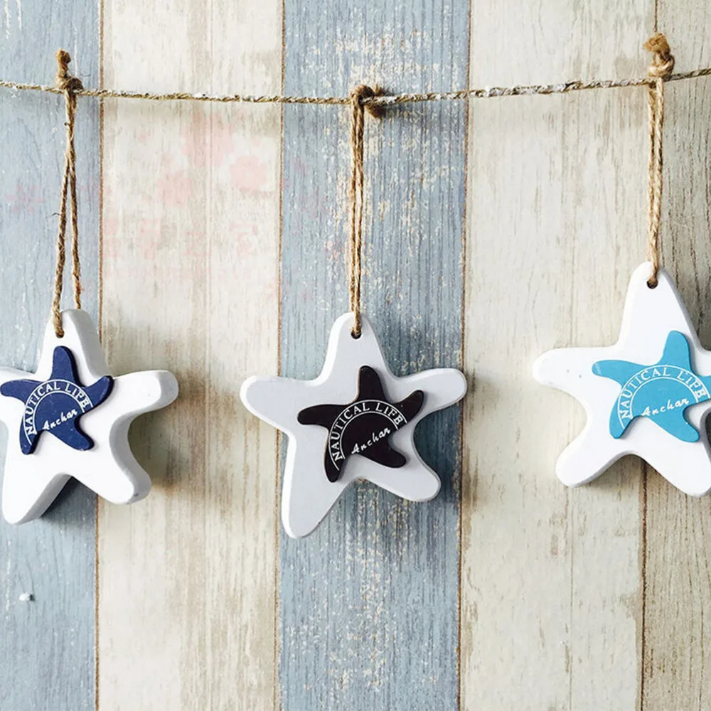 1 Pcs Mediterranean Starfish Hung Fish Nautical Decor hang small adorn Wood Crafts decorated marine pendant For Kid Room