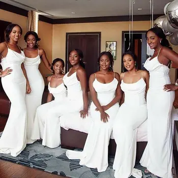 

Elegant Mermaid White Satin Bridesmaid Dresses Spaghetti Strap Floor Length Custom Corset Back Wedding Party Dresses