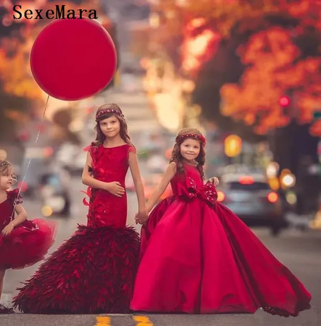 

Red Puffy Girls Clothes Flower Girl Dress for Wedding Party Satin O Neck Kids Birthday Pageant Gown with Bow