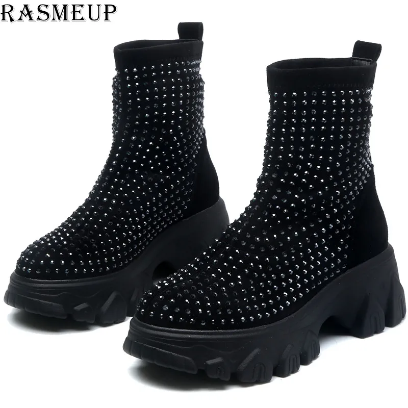 Ceny RASMEUP damskie buty zimowe Rhinestone kobiety platforma Boot 2019 moda Stretch ciepłe gruba podeszwa panie Chunky buty Big Size
