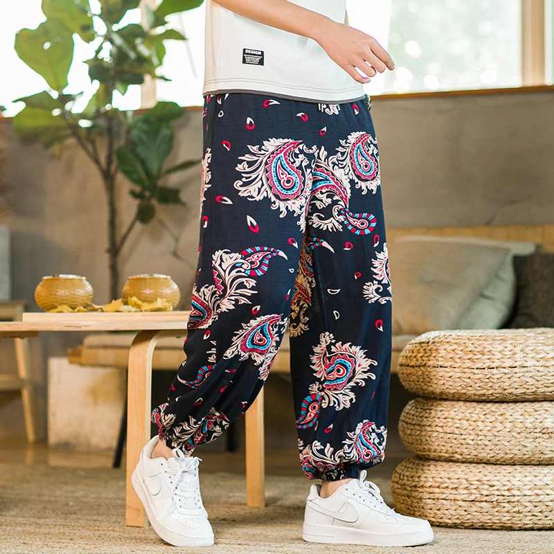 

Cashew Flowers Bloomers Mens Chinese Style Cotton Hemp Ethnic Vintage Calico Casual Corset Loose Wide Leg Pants Lantern Capris