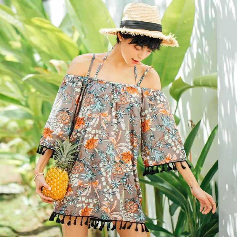 

Split Type Tour Bathing Suit Bikini Three-piece Set Underwire Floral-Print Women's Small Bust Gathering Slimming Belly Covering