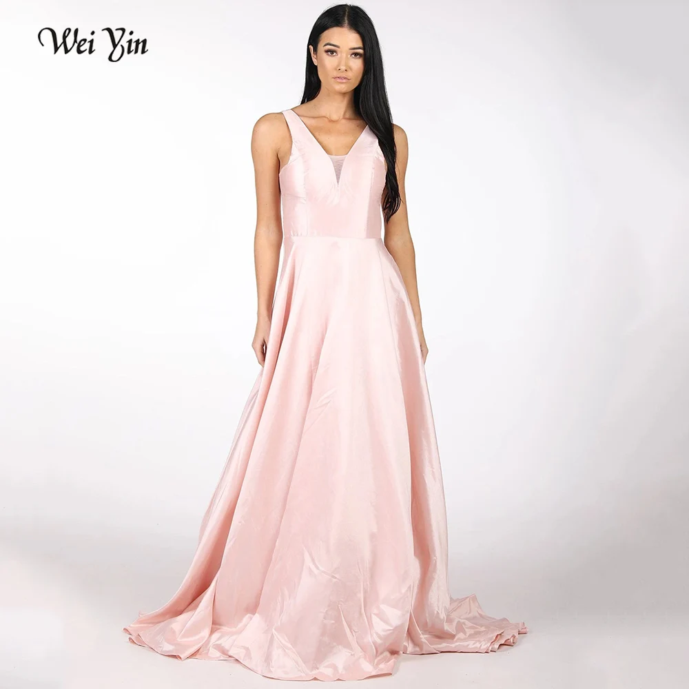 

Weiyin A0566 Sexy Pink Deep V Neck Long Stain A-line Evening Dresses Open Back Women Formal Prom Dress Robe Demoiselle D'honneur