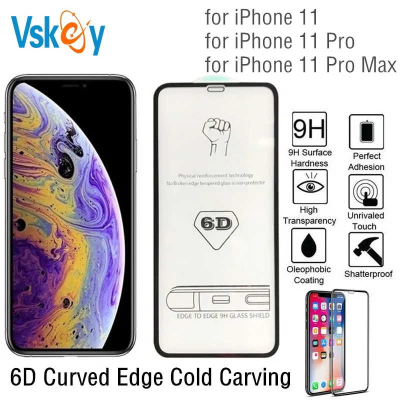 VSKEY 10 шт. 6D закаленное стекло с холодной резьбой для iPhone 11 Pro Max защита экрана полное покрытие защитная пленка 5,8 ''6,1 6,5 дюйма