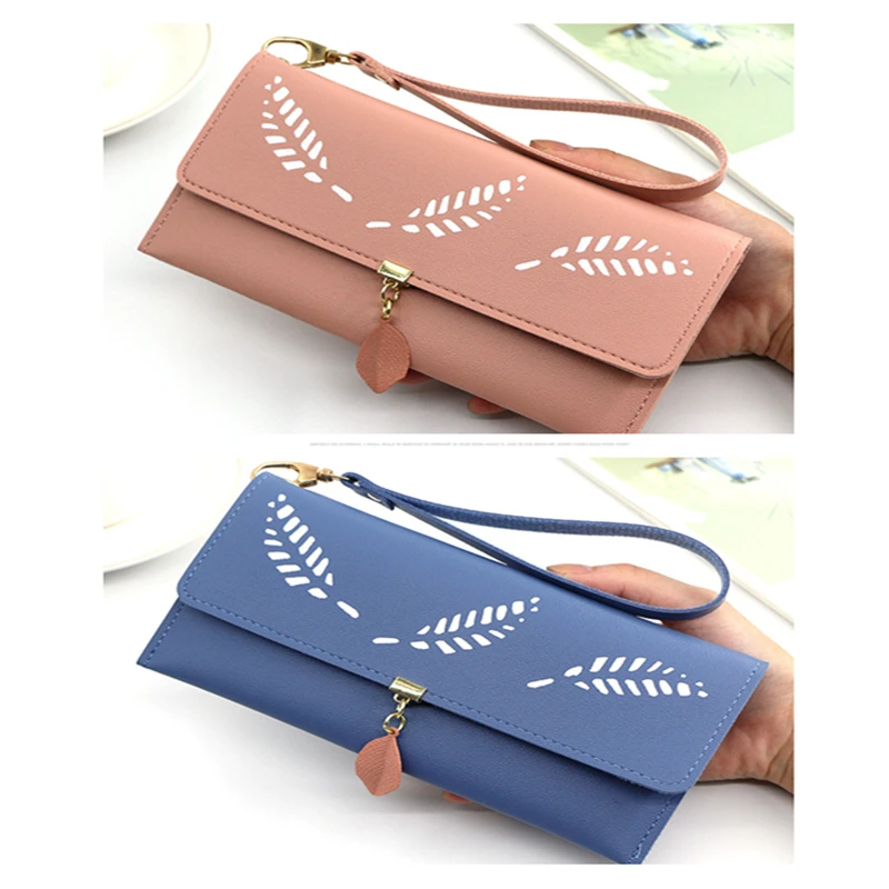 

Fashion Long Women's Large Multi-Function Metal Leaf Multi-Card Solid Color Twin Women's Wallet